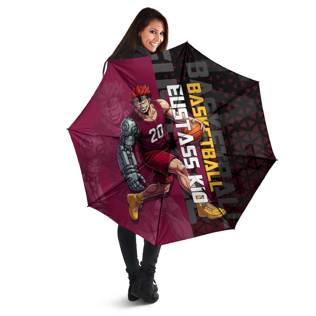 Eustass Kid One Piece Basketball Theme Red and Black Design Umbrella with Flame Skull Emblem and Mechanical Arm Pose - The Mazicc