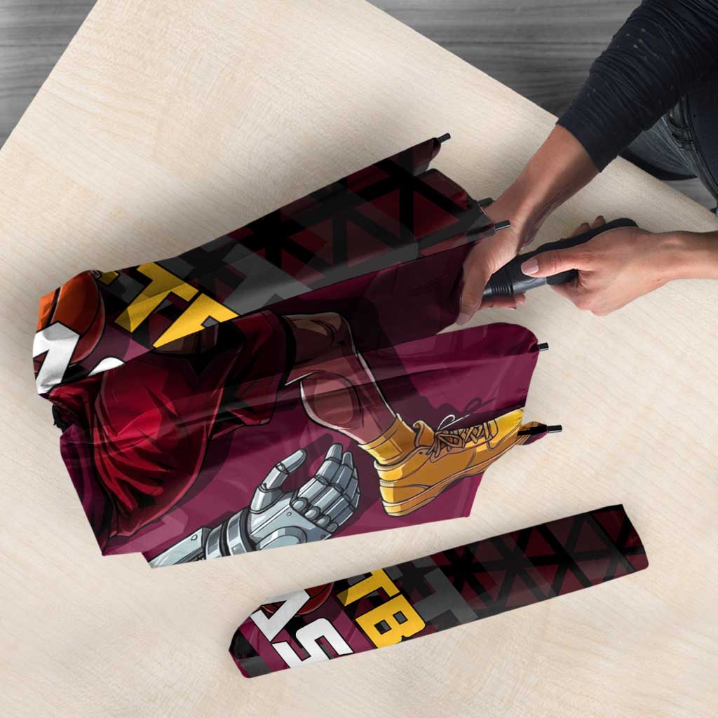 Eustass Kid One Piece Basketball Theme Red and Black Design Umbrella with Flame Skull Emblem and Mechanical Arm Pose - The Mazicc