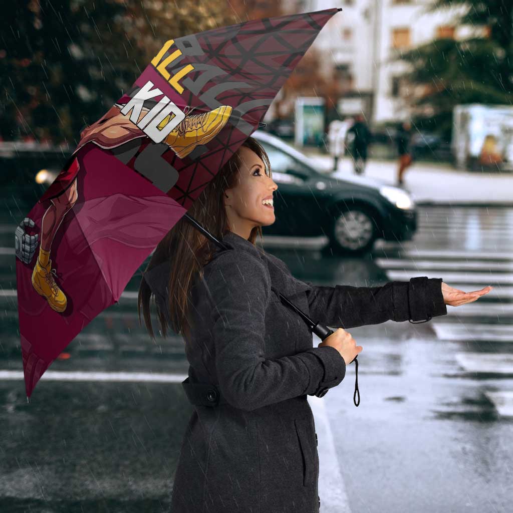 Eustass Kid One Piece Basketball Theme Red and Black Design Umbrella with Flame Skull Emblem and Mechanical Arm Pose - The Mazicc