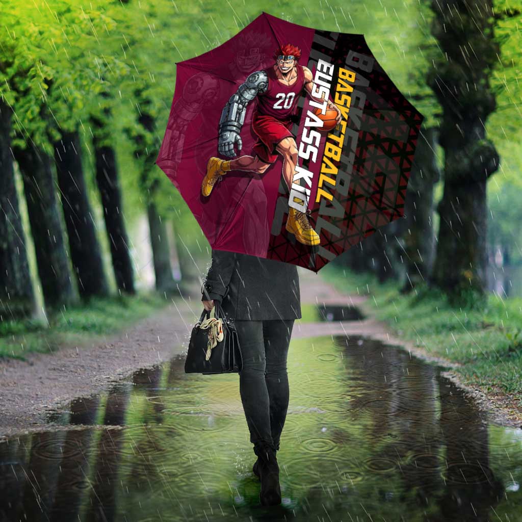 Eustass Kid One Piece Basketball Theme Red and Black Design Umbrella with Flame Skull Emblem and Mechanical Arm Pose - The Mazicc