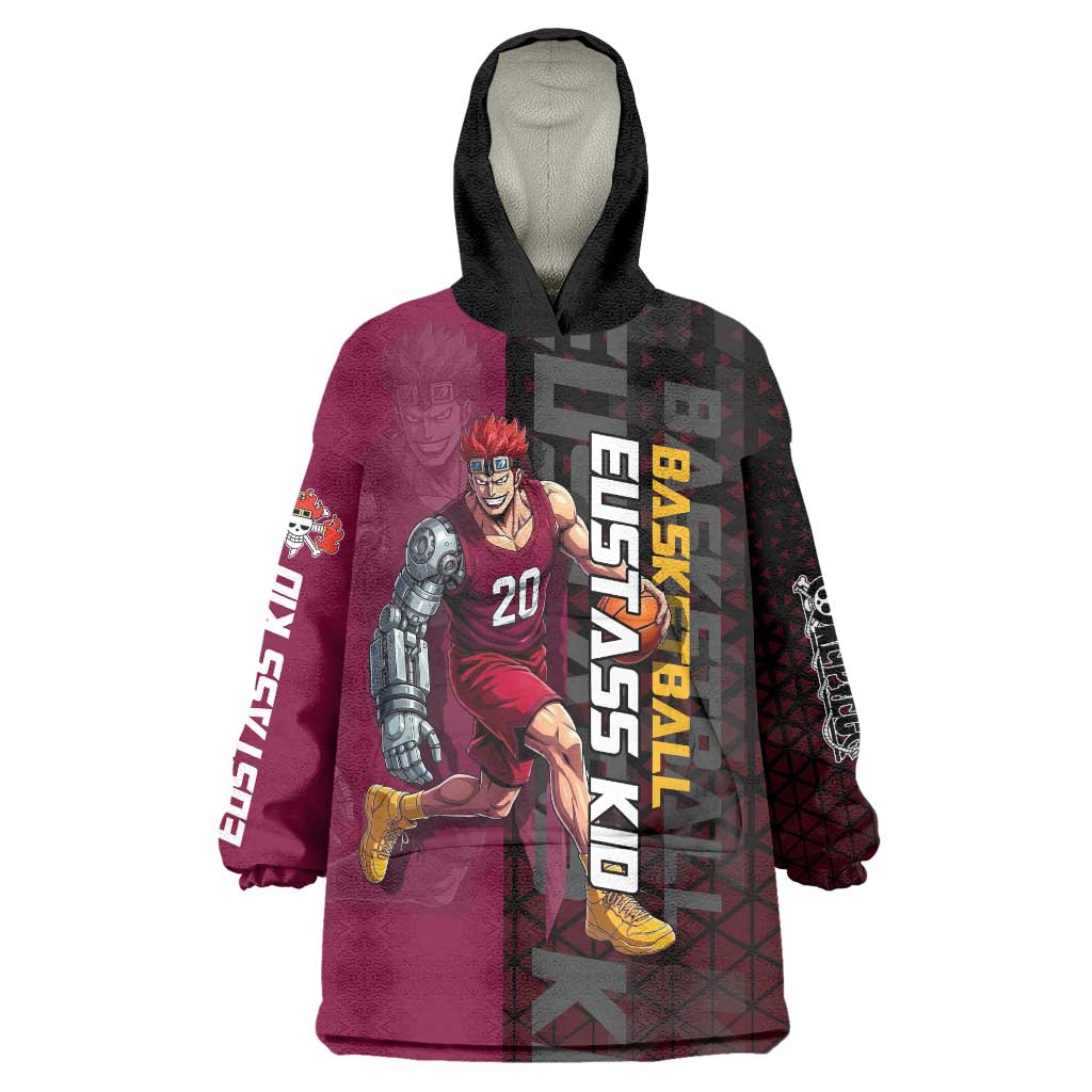Eustass Kid One Piece Basketball Theme Red and Black Design Wearable Blanket Hoodie with Flame Skull Emblem and Mechanical Arm Pose - The Mazicc