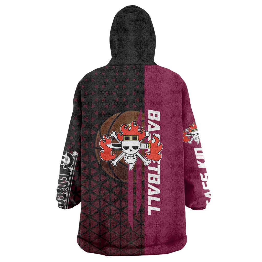 Eustass Kid One Piece Basketball Theme Red and Black Design Wearable Blanket Hoodie with Flame Skull Emblem and Mechanical Arm Pose - The Mazicc