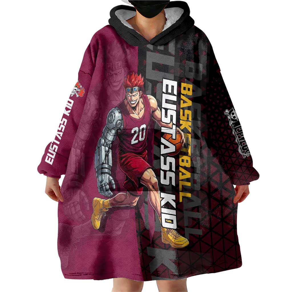 Eustass Kid One Piece Basketball Theme Red and Black Design Wearable Blanket Hoodie with Flame Skull Emblem and Mechanical Arm Pose - The Mazicc