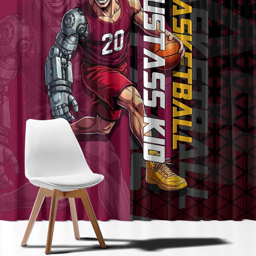 Eustass Kid One Piece Basketball Theme Red and Black Design Window Curtain with Flame Skull Emblem and Mechanical Arm Pose - The Mazicc