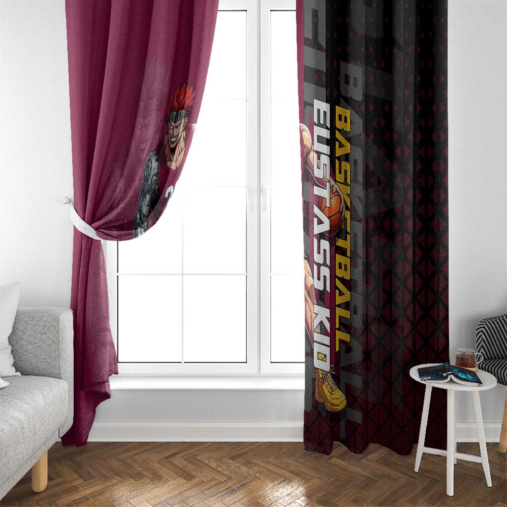 Eustass Kid One Piece Basketball Theme Red and Black Design Window Curtain with Flame Skull Emblem and Mechanical Arm Pose - The Mazicc