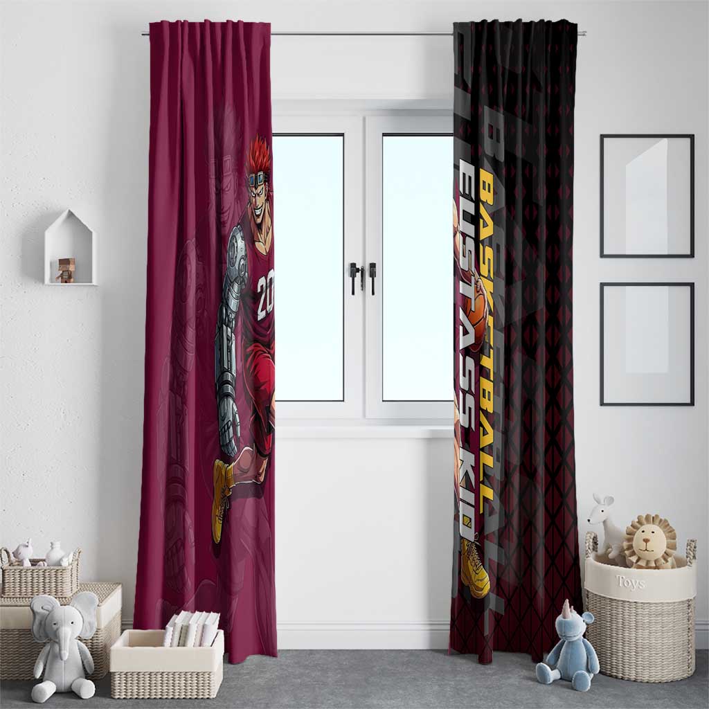 Eustass Kid One Piece Basketball Theme Red and Black Design Window Curtain with Flame Skull Emblem and Mechanical Arm Pose - The Mazicc