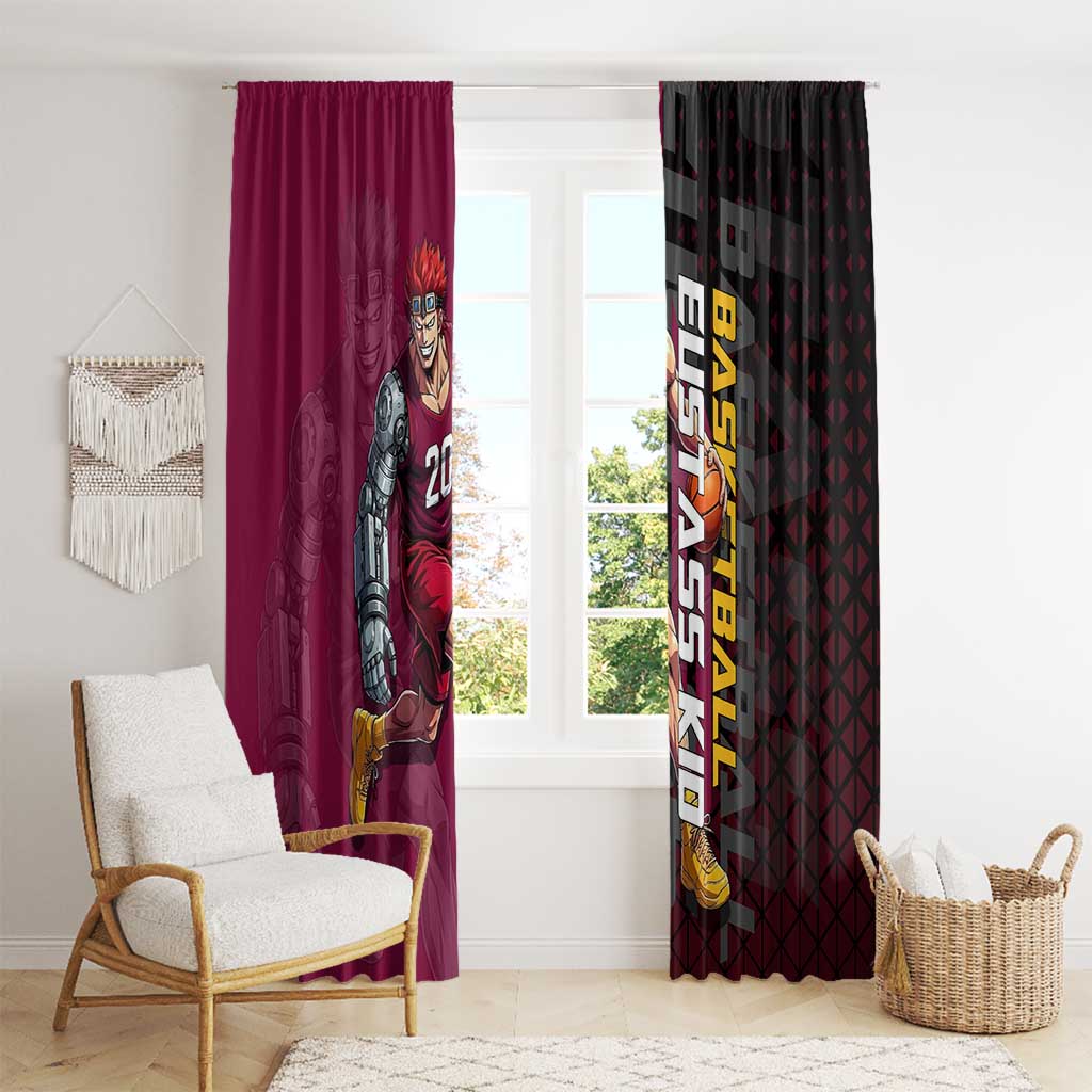 Eustass Kid One Piece Basketball Theme Red and Black Design Window Curtain with Flame Skull Emblem and Mechanical Arm Pose - The Mazicc