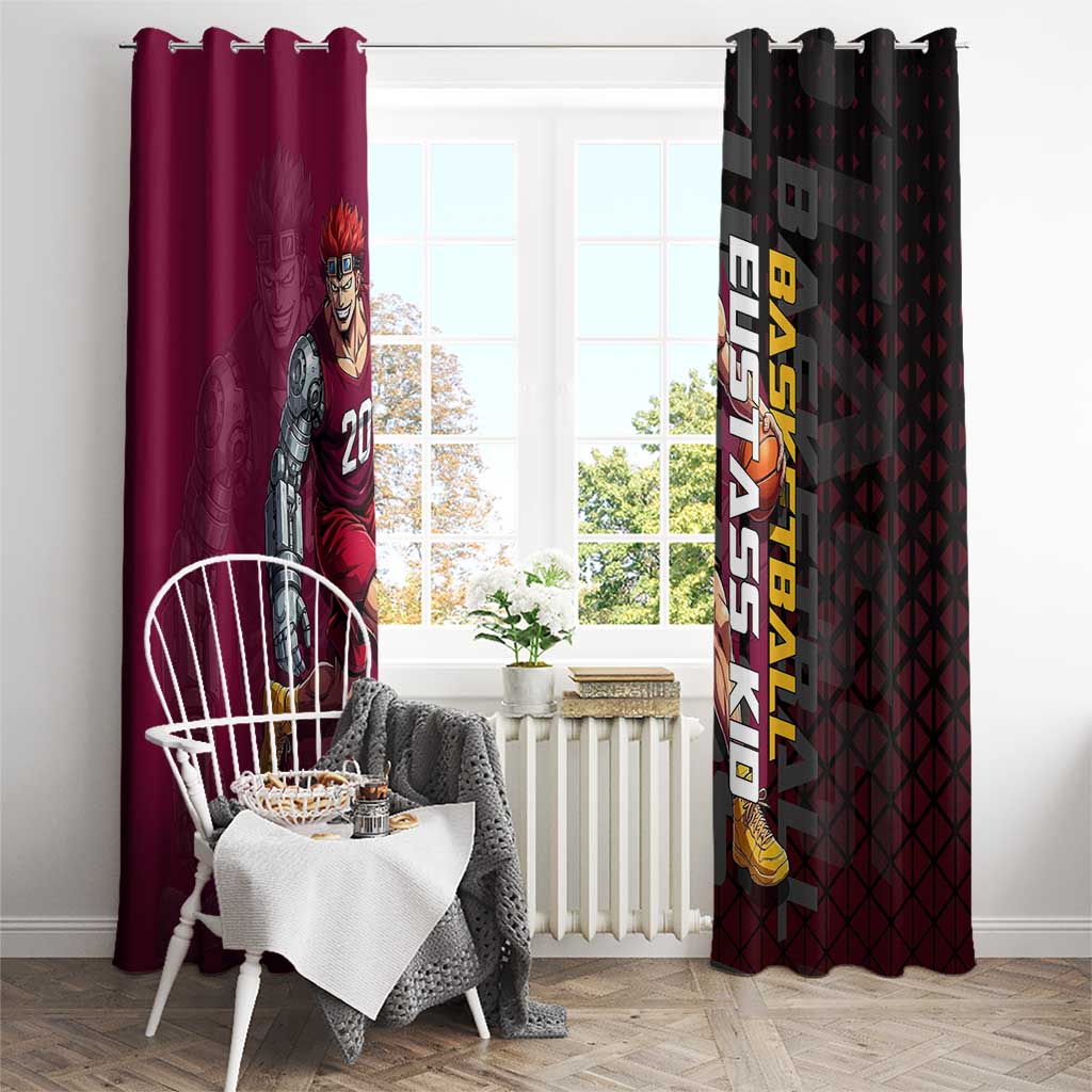 Eustass Kid One Piece Basketball Theme Red and Black Design Window Curtain with Flame Skull Emblem and Mechanical Arm Pose - The Mazicc