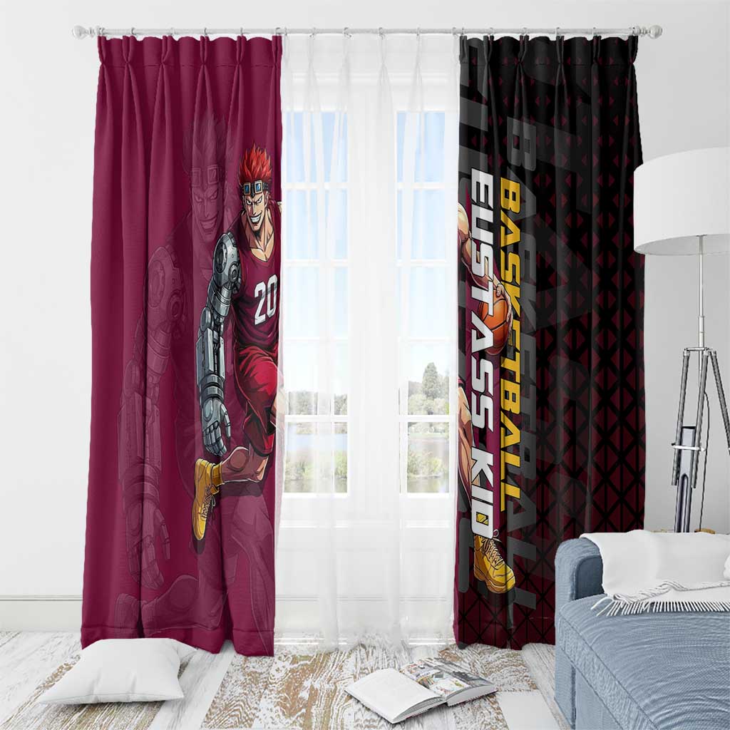 Eustass Kid One Piece Basketball Theme Red and Black Design Window Curtain with Flame Skull Emblem and Mechanical Arm Pose - The Mazicc