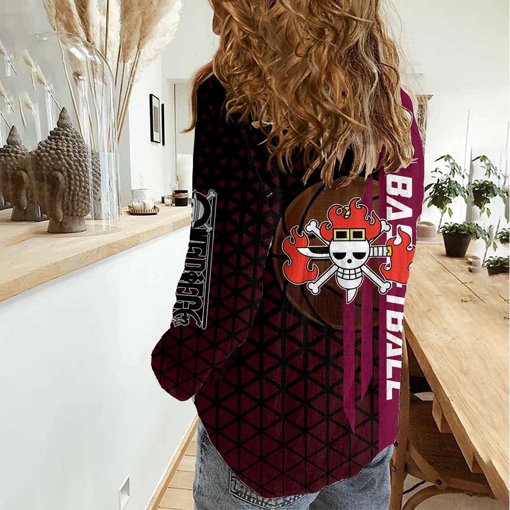 Eustass Kid One Piece Basketball Theme Red and Black Design Women Casual Shirt with Flame Skull Emblem and Mechanical Arm Pose - The Mazicc