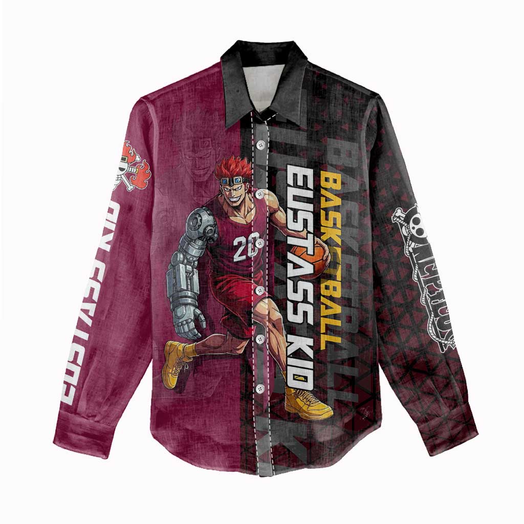 Eustass Kid One Piece Basketball Theme Red and Black Design Women Casual Shirt with Flame Skull Emblem and Mechanical Arm Pose - The Mazicc