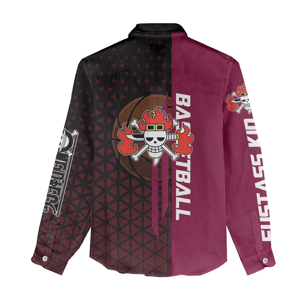 Eustass Kid One Piece Basketball Theme Red and Black Design Women Casual Shirt with Flame Skull Emblem and Mechanical Arm Pose - The Mazicc