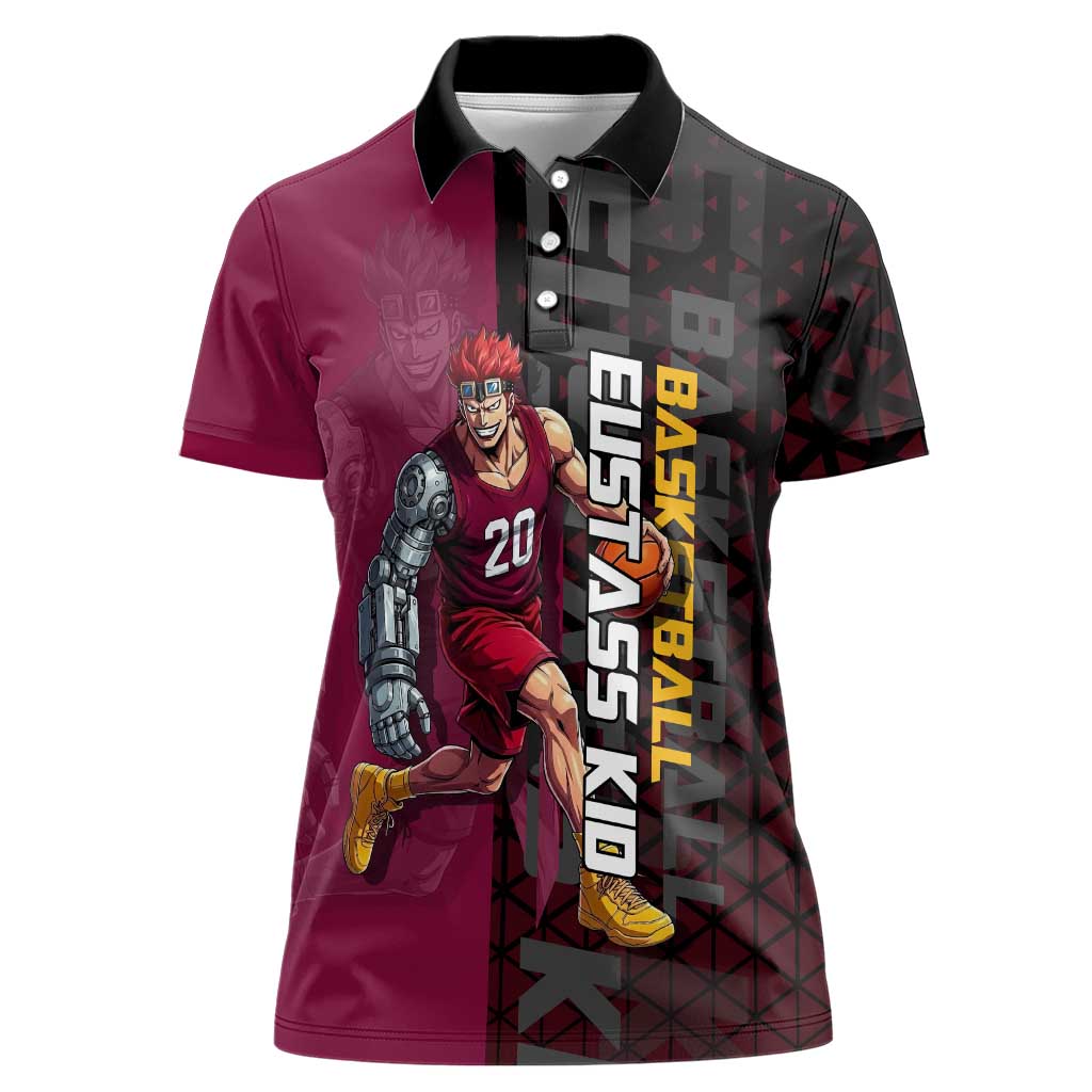 Eustass Kid One Piece Basketball Theme Red and Black Design Women Polo Shirt with Flame Skull Emblem and Mechanical Arm Pose - The Mazicc