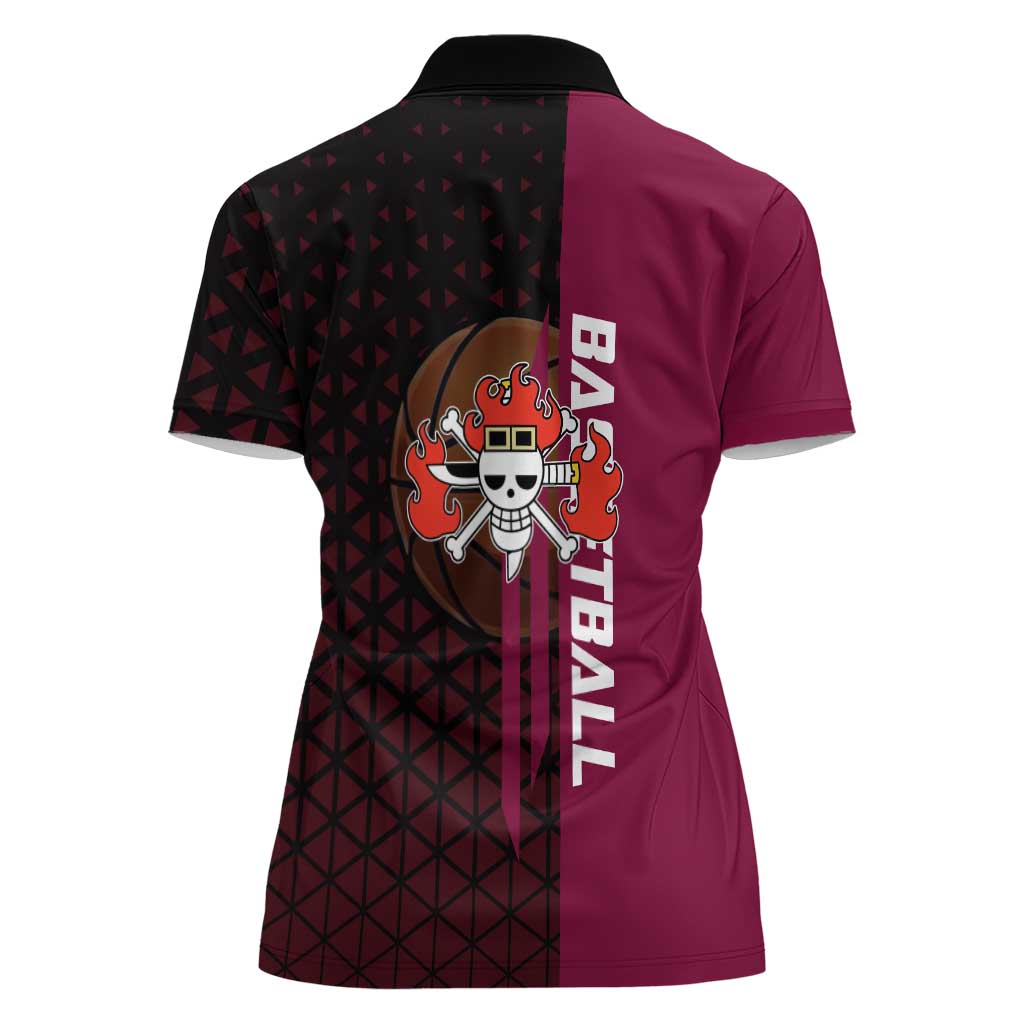 Eustass Kid One Piece Basketball Theme Red and Black Design Women Polo Shirt with Flame Skull Emblem and Mechanical Arm Pose - The Mazicc