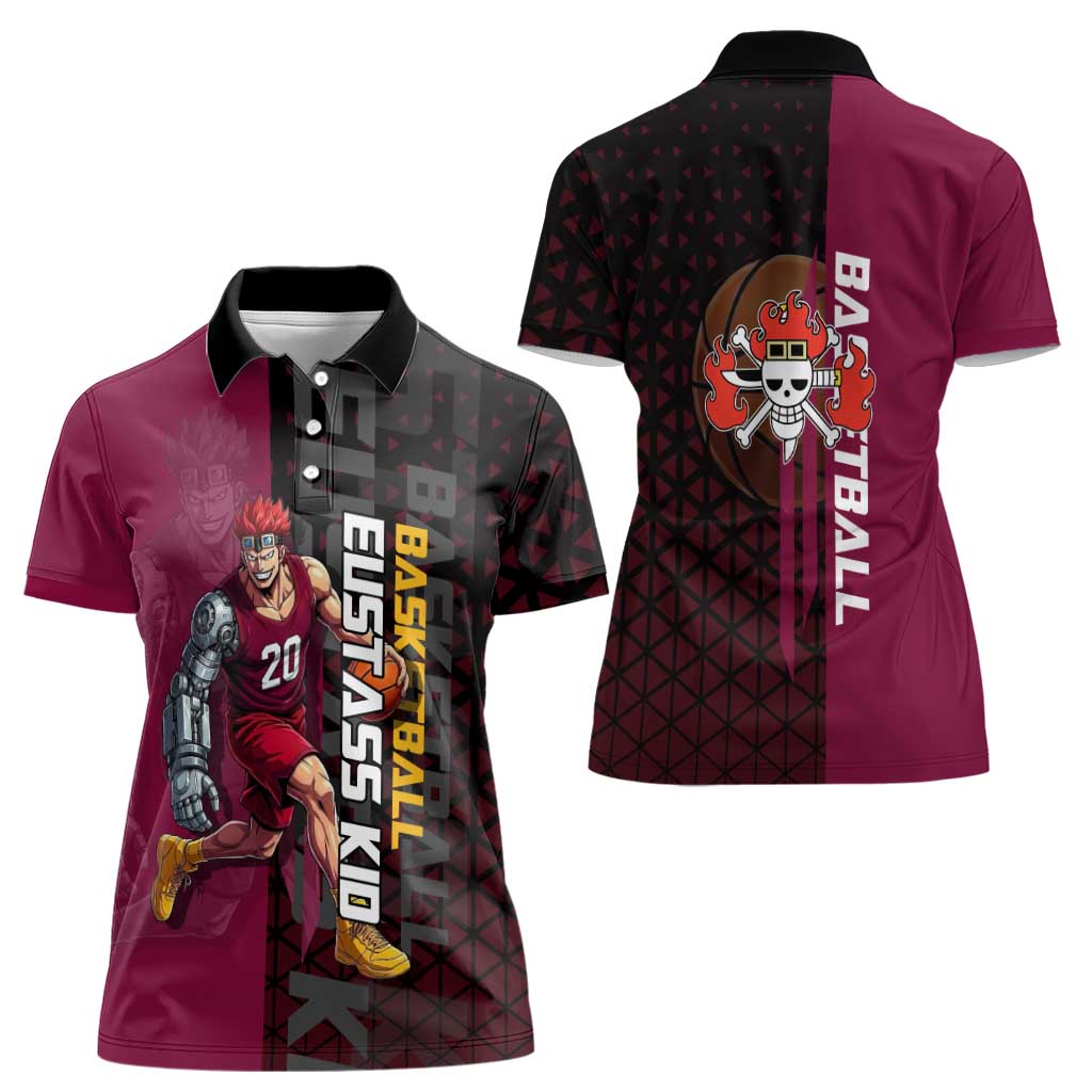 Eustass Kid One Piece Basketball Theme Red and Black Design Women Polo Shirt with Flame Skull Emblem and Mechanical Arm Pose - The Mazicc