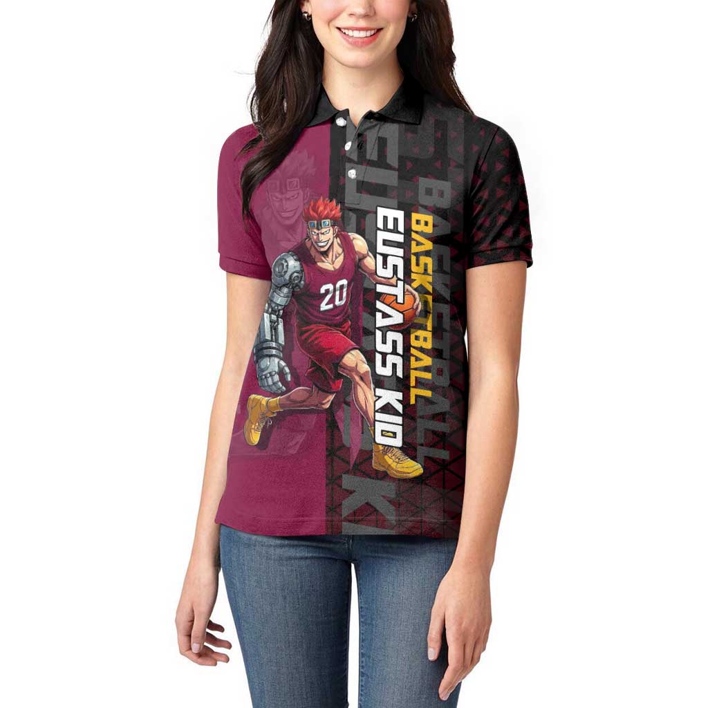 Eustass Kid One Piece Basketball Theme Red and Black Design Women Polo Shirt with Flame Skull Emblem and Mechanical Arm Pose - The Mazicc