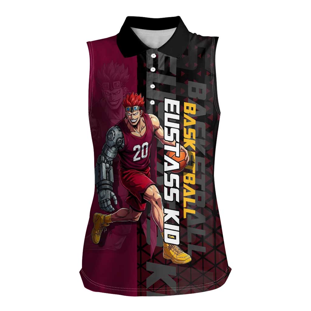 Eustass Kid One Piece Basketball Theme Red and Black Design Women Sleeveless Polo Shirt with Flame Skull Emblem and Mechanical Arm Pose - The Mazicc