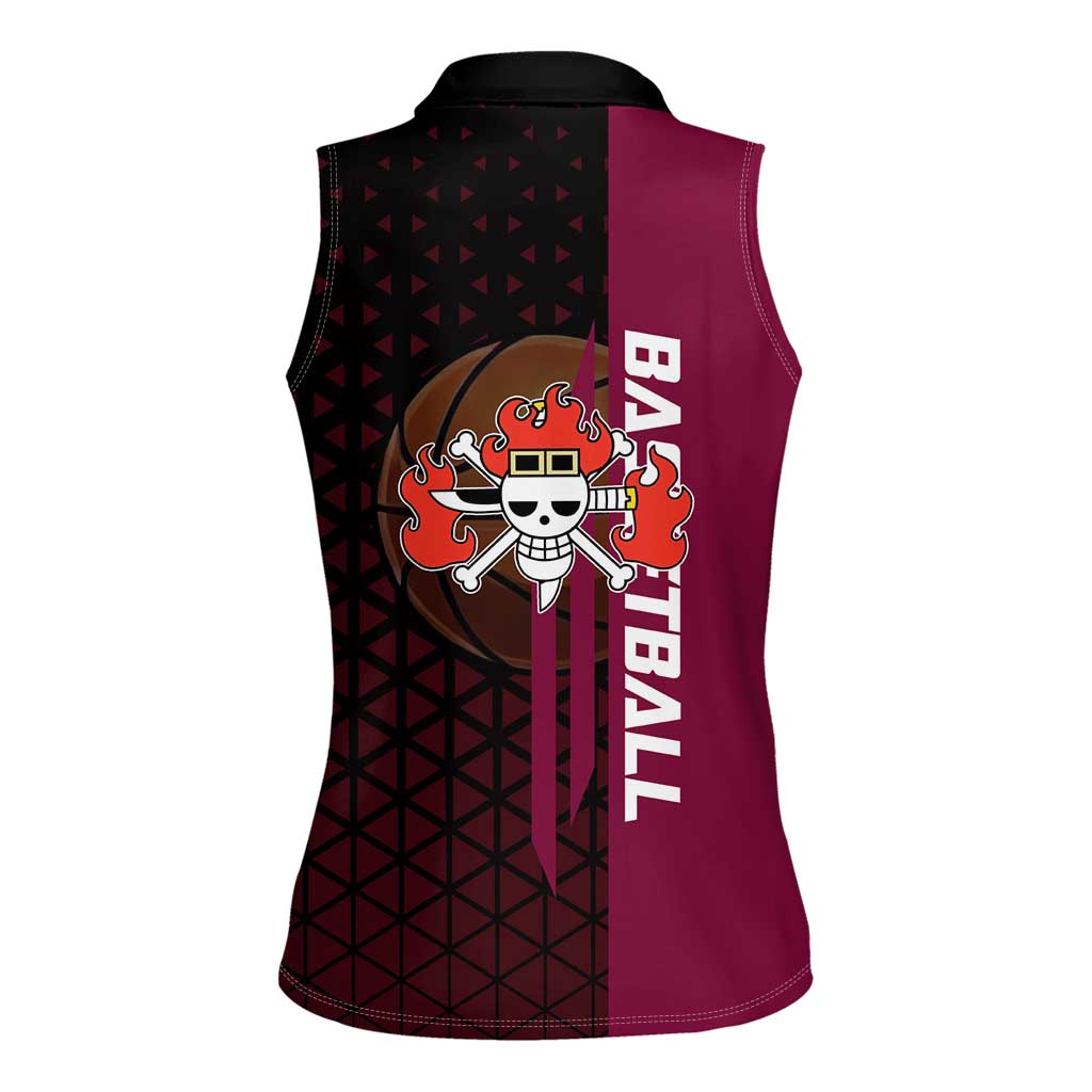Eustass Kid One Piece Basketball Theme Red and Black Design Women Sleeveless Polo Shirt with Flame Skull Emblem and Mechanical Arm Pose - The Mazicc