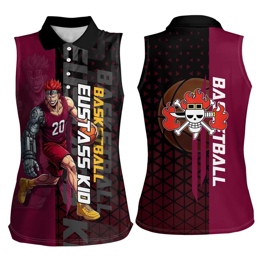 Eustass Kid One Piece Basketball Theme Red and Black Design Women Sleeveless Polo Shirt with Flame Skull Emblem and Mechanical Arm Pose - The Mazicc