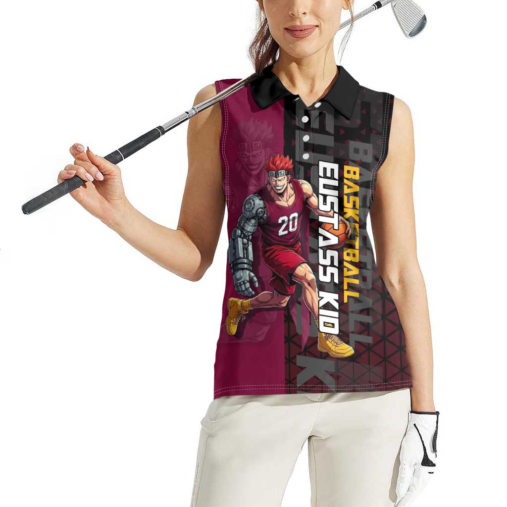 Eustass Kid One Piece Basketball Theme Red and Black Design Women Sleeveless Polo Shirt with Flame Skull Emblem and Mechanical Arm Pose - The Mazicc