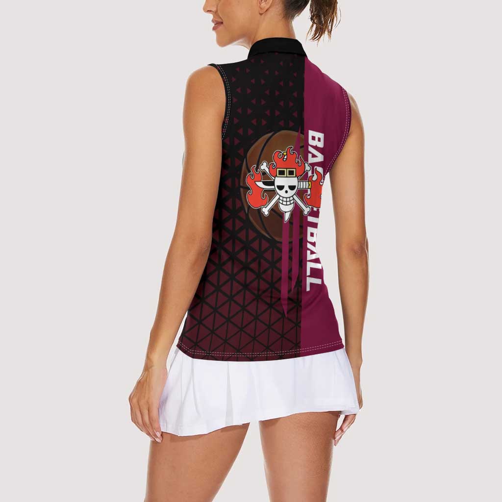 Eustass Kid One Piece Basketball Theme Red and Black Design Women Sleeveless Polo Shirt with Flame Skull Emblem and Mechanical Arm Pose - The Mazicc