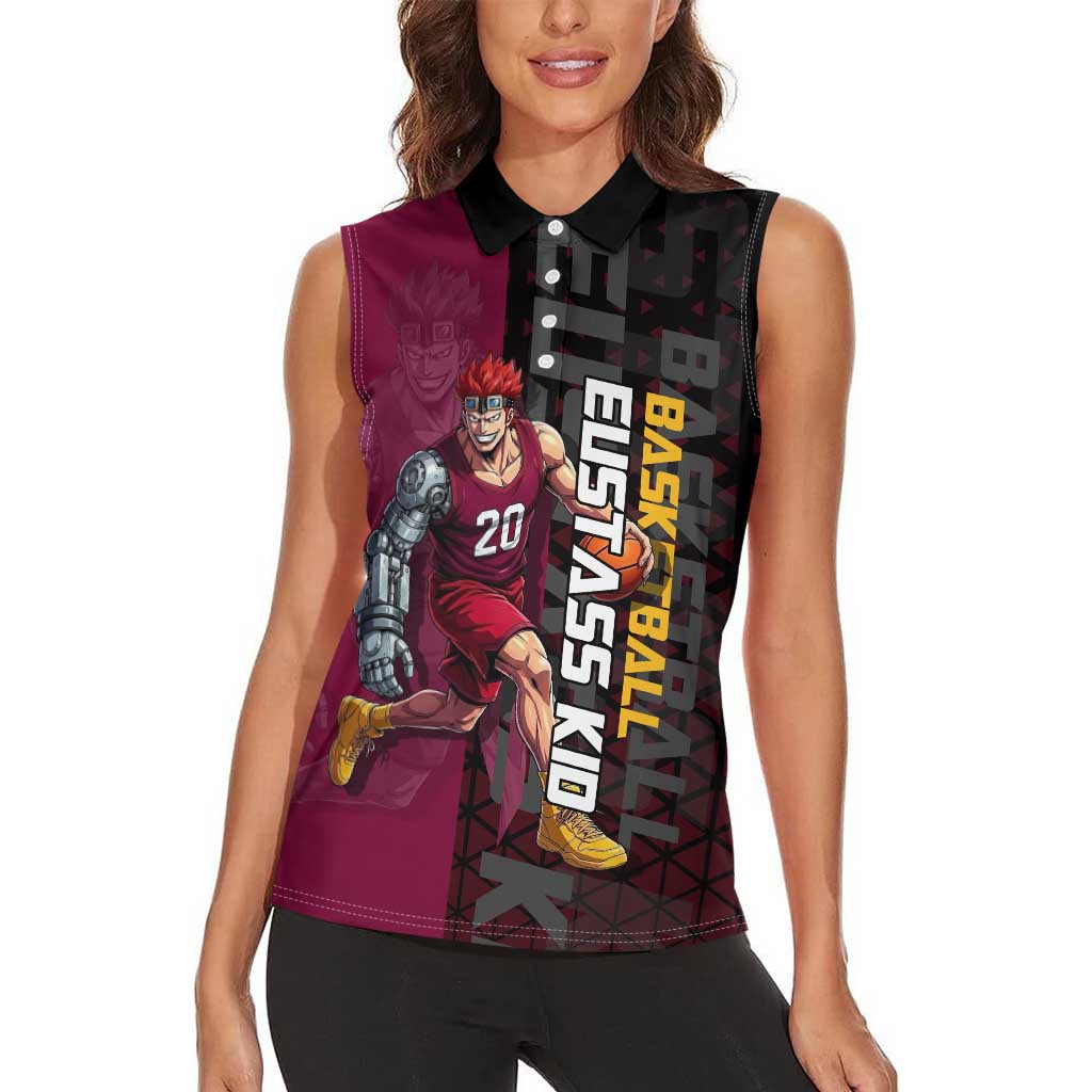 Eustass Kid One Piece Basketball Theme Red and Black Design Women Sleeveless Polo Shirt with Flame Skull Emblem and Mechanical Arm Pose - The Mazicc