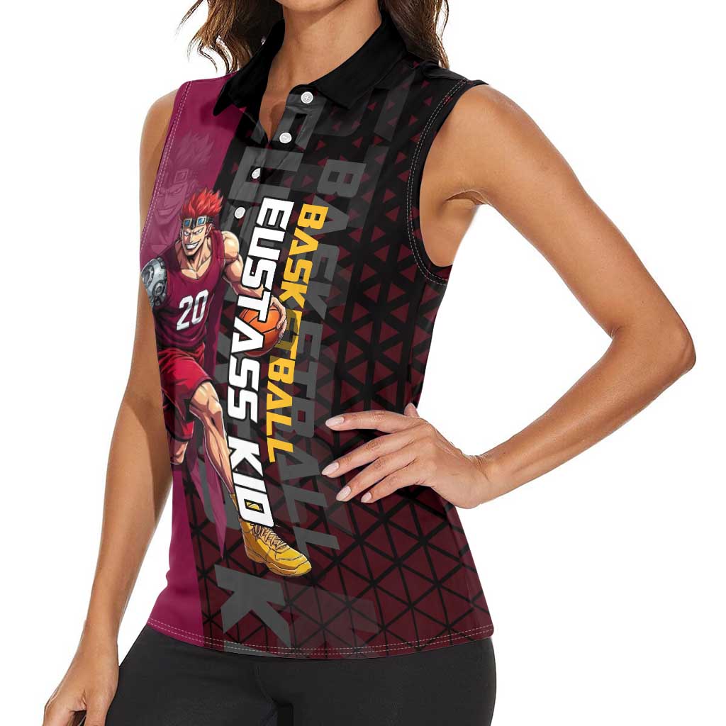 Eustass Kid One Piece Basketball Theme Red and Black Design Women Sleeveless Polo Shirt with Flame Skull Emblem and Mechanical Arm Pose - The Mazicc