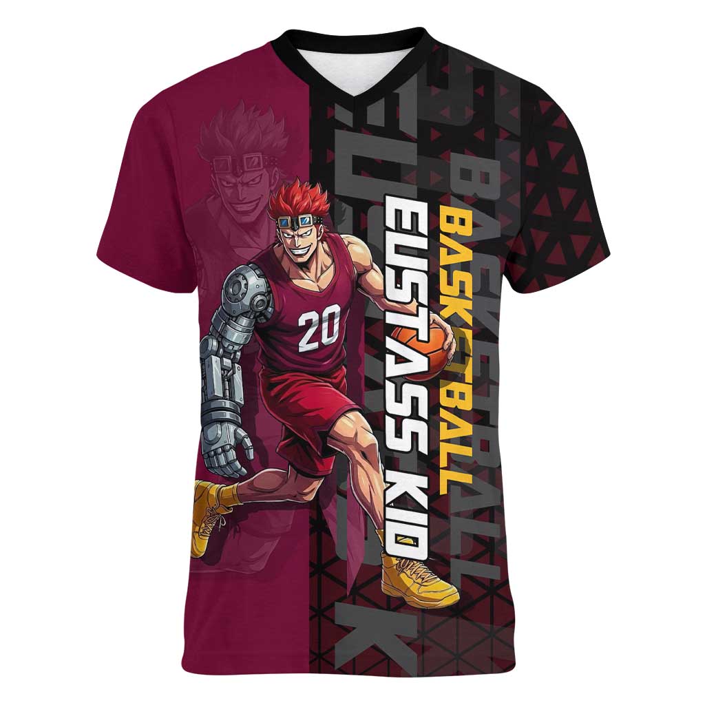 Eustass Kid One Piece Basketball Theme Red and Black Design Women V-Neck T-Shirt with Flame Skull Emblem and Mechanical Arm Pose - The Mazicc
