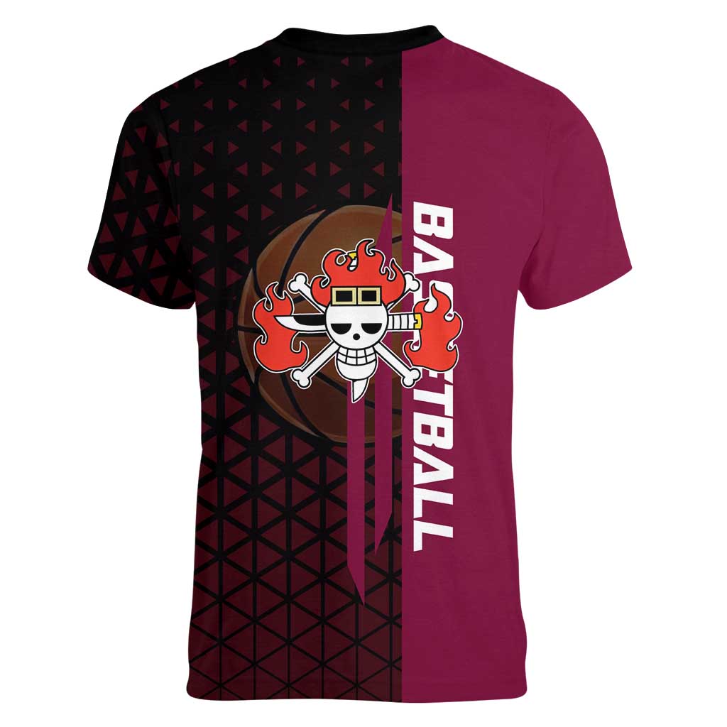 Eustass Kid One Piece Basketball Theme Red and Black Design Women V-Neck T-Shirt with Flame Skull Emblem and Mechanical Arm Pose - The Mazicc
