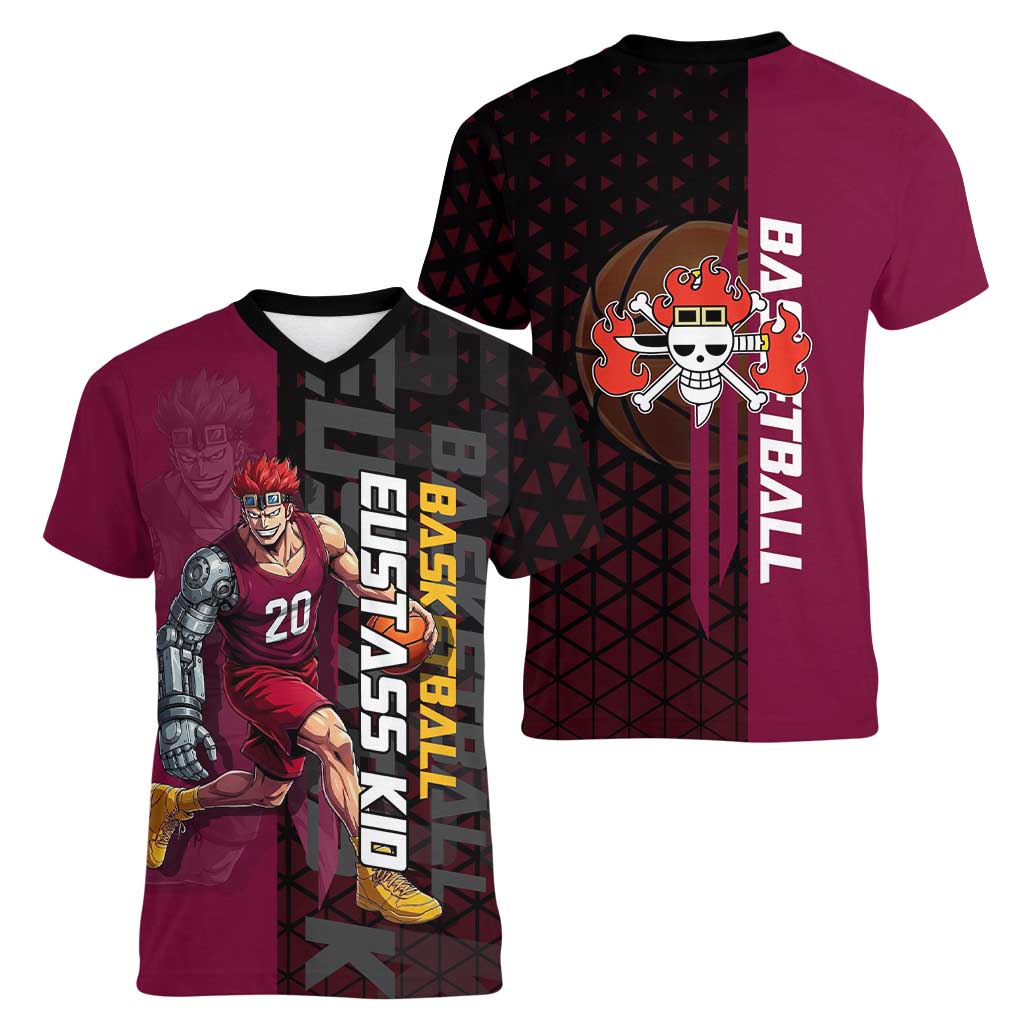 Eustass Kid One Piece Basketball Theme Red and Black Design Women V-Neck T-Shirt with Flame Skull Emblem and Mechanical Arm Pose - The Mazicc