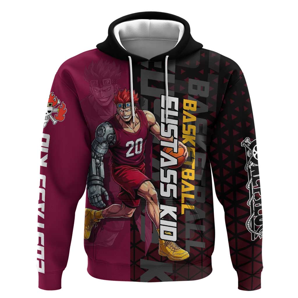 Eustass Kid One Piece Basketball Theme Red and Black Design Zip Hoodie with Flame Skull Emblem and Mechanical Arm Pose - The Mazicc