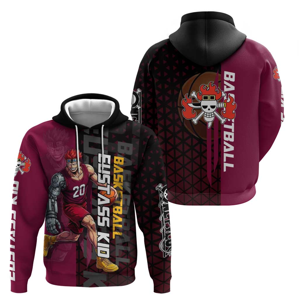 Eustass Kid One Piece Basketball Theme Red and Black Design Zip Hoodie with Flame Skull Emblem and Mechanical Arm Pose - The Mazicc