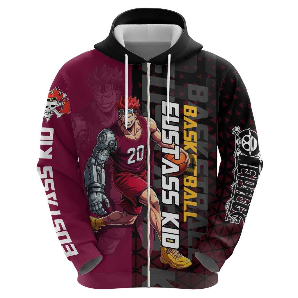 Eustass Kid One Piece Basketball Theme Red and Black Design Zip Hoodie with Flame Skull Emblem and Mechanical Arm Pose - The Mazicc