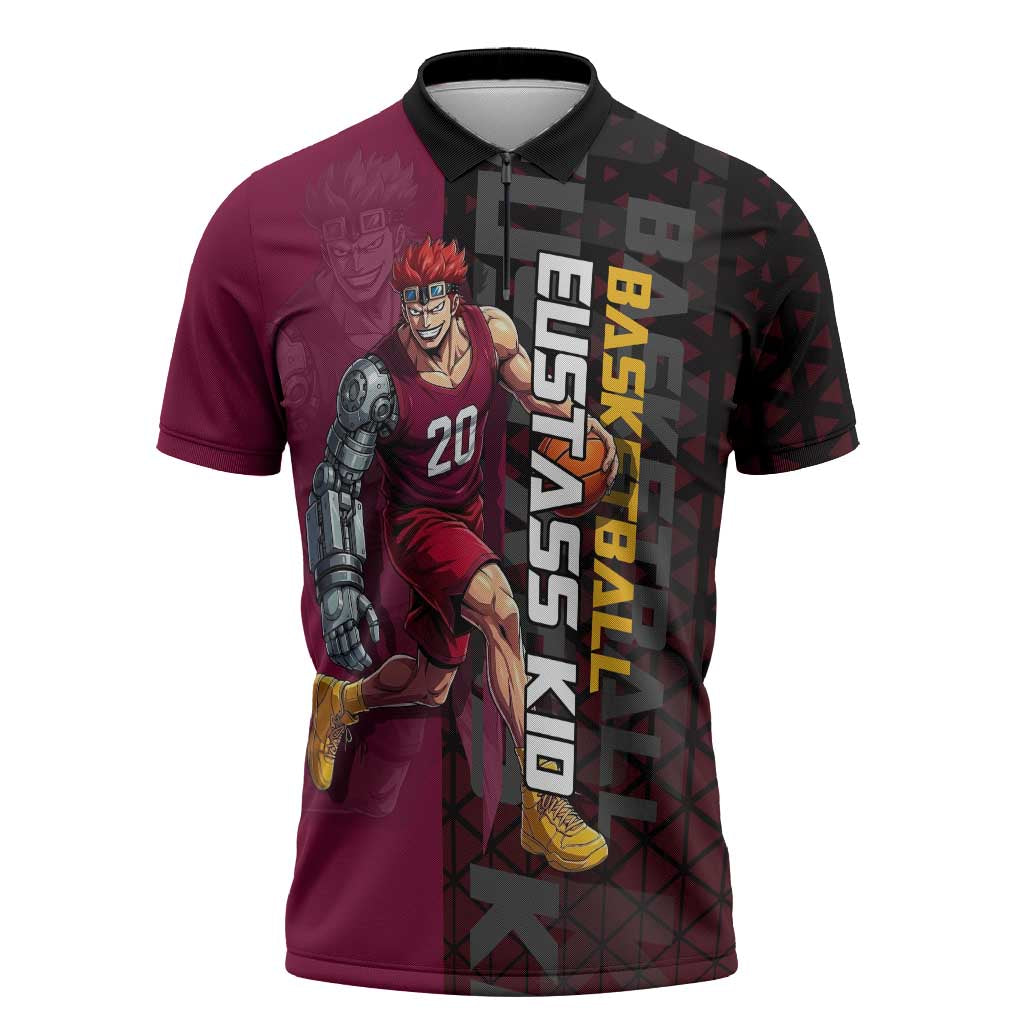 Eustass Kid One Piece Basketball Theme Red and Black Design Zipper Polo Shirt with Flame Skull Emblem and Mechanical Arm Pose - The Mazicc