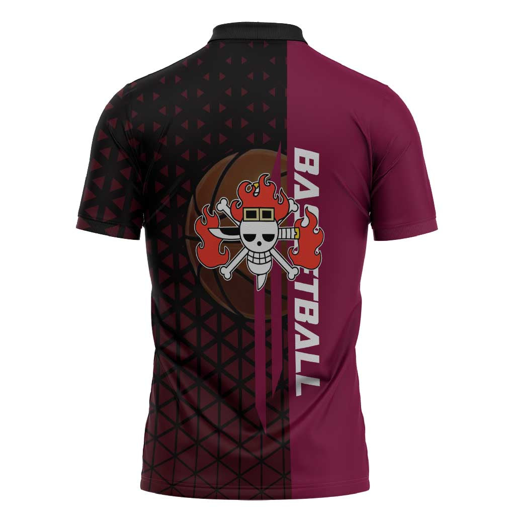 Eustass Kid One Piece Basketball Theme Red and Black Design Zipper Polo Shirt with Flame Skull Emblem and Mechanical Arm Pose - The Mazicc
