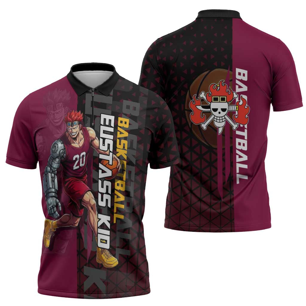 Eustass Kid One Piece Basketball Theme Red and Black Design Zipper Polo Shirt with Flame Skull Emblem and Mechanical Arm Pose - The Mazicc