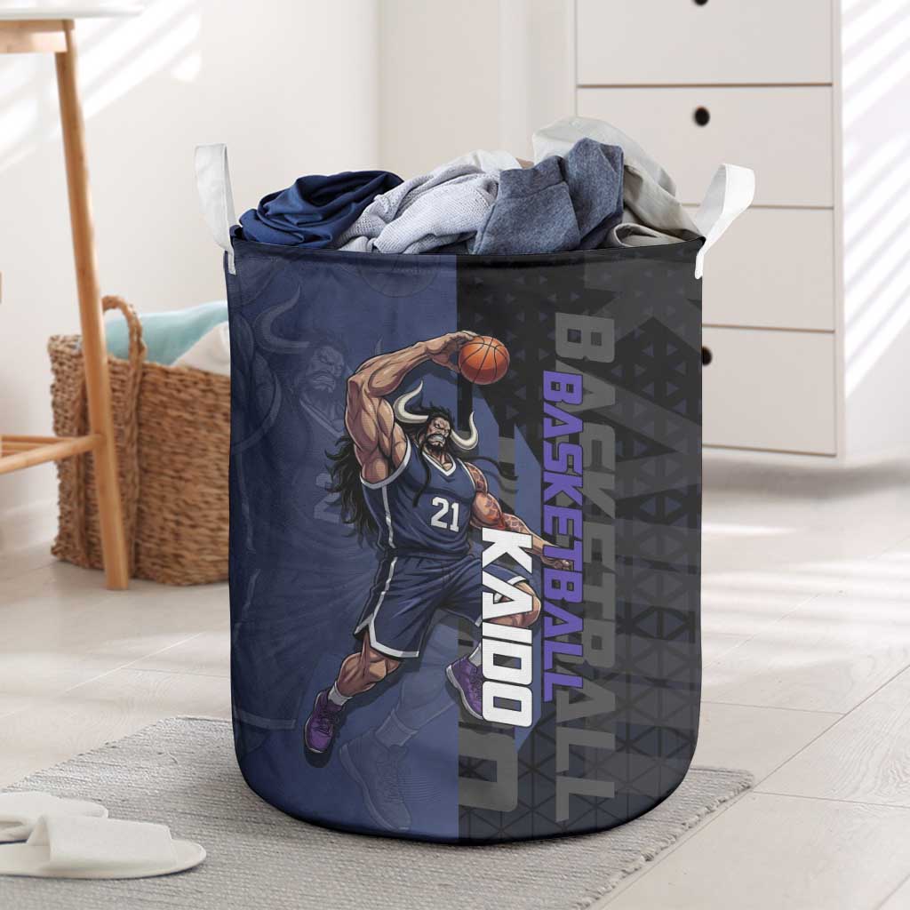 Kaido One Piece Basketball Theme Navy and Black Design Laundry Basket with Dragon Skull Emblem and Power Dunk Pose - The Mazicc