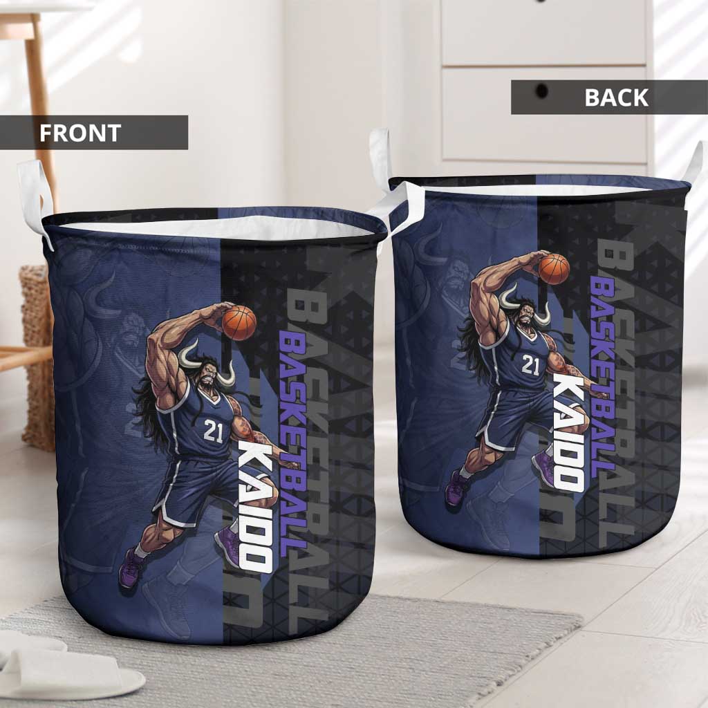 Kaido One Piece Basketball Theme Navy and Black Design Laundry Basket with Dragon Skull Emblem and Power Dunk Pose - The Mazicc