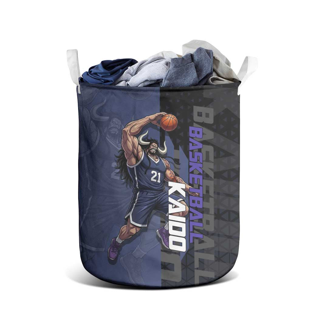 Kaido One Piece Basketball Theme Navy and Black Design Laundry Basket with Dragon Skull Emblem and Power Dunk Pose - The Mazicc