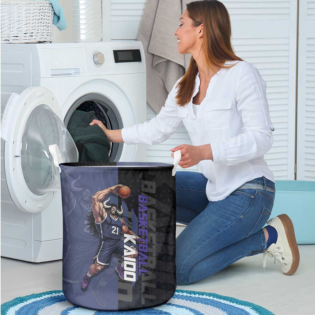 Kaido One Piece Basketball Theme Navy and Black Design Laundry Basket with Dragon Skull Emblem and Power Dunk Pose - The Mazicc