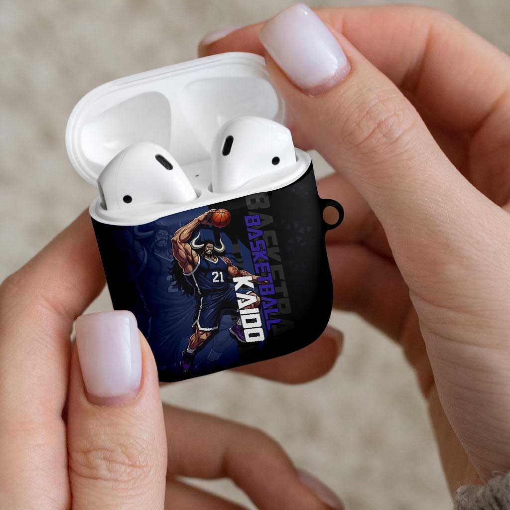 Kaido One Piece Basketball Theme Navy and Black Design AirPods Case with Dragon Skull Emblem and Power Dunk Pose - The Mazicc