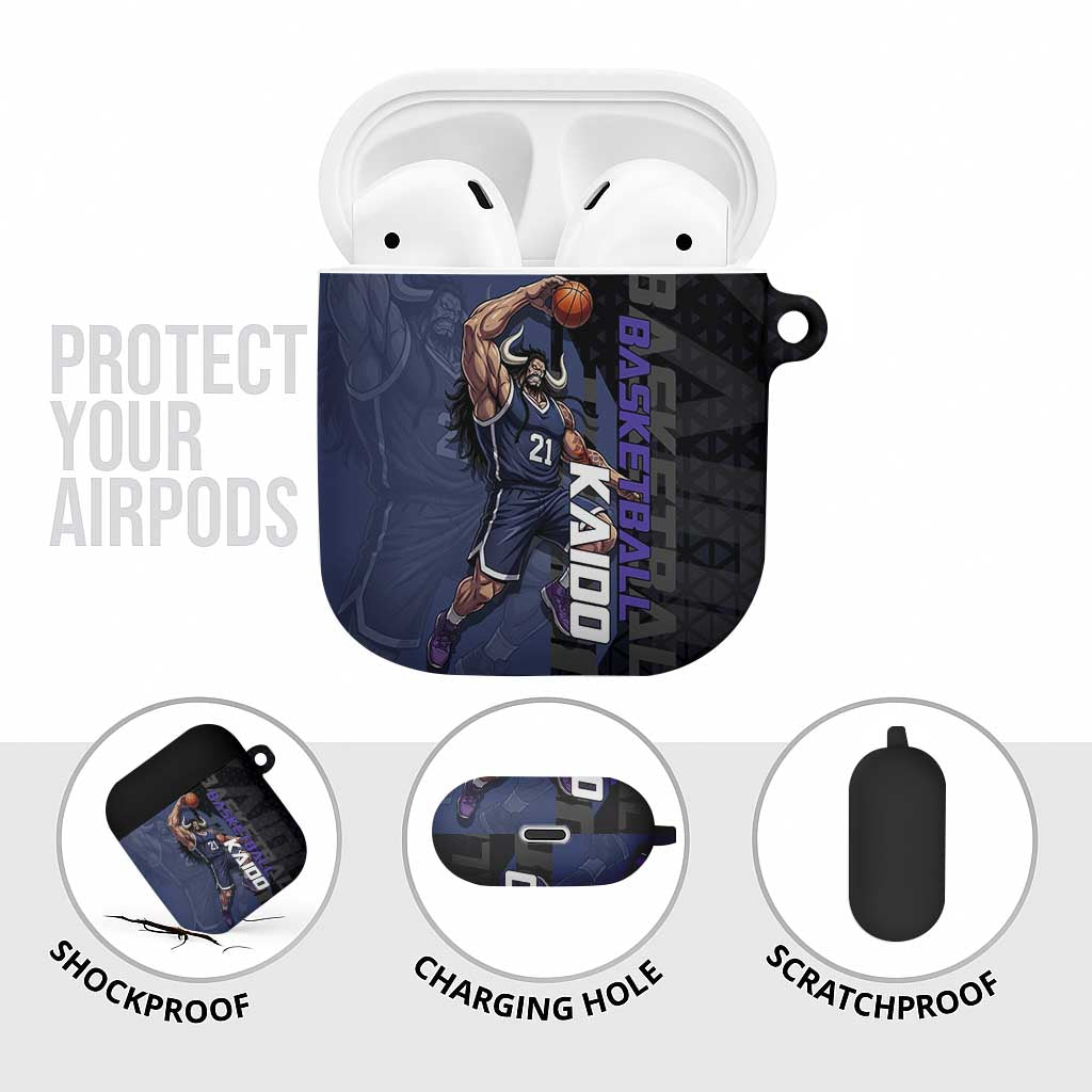 Kaido One Piece Basketball Theme Navy and Black Design AirPods Case with Dragon Skull Emblem and Power Dunk Pose - The Mazicc