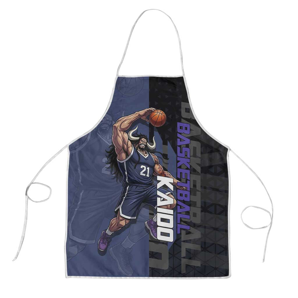 Kaido One Piece Basketball Theme Navy and Black Design Apron with Dragon Skull Emblem and Power Dunk Pose - The Mazicc