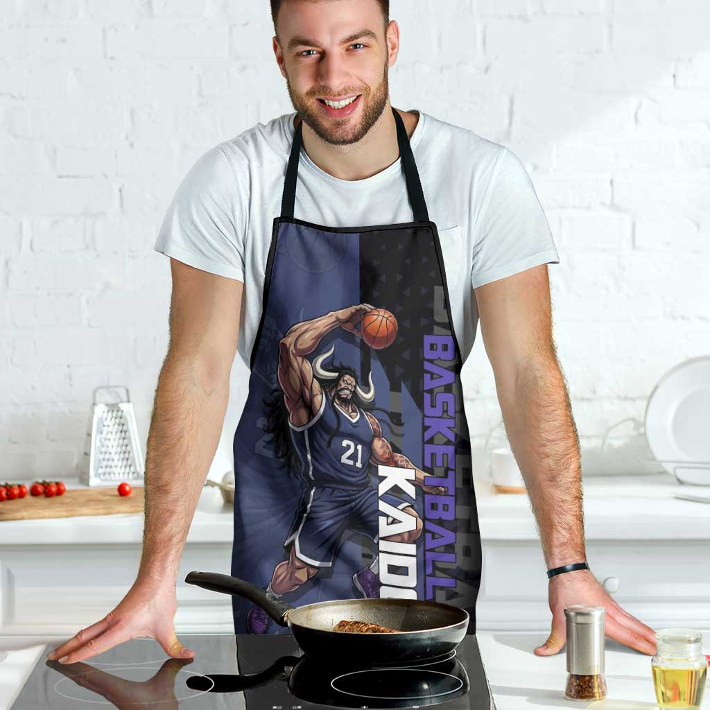 Kaido One Piece Basketball Theme Navy and Black Design Apron with Dragon Skull Emblem and Power Dunk Pose - The Mazicc
