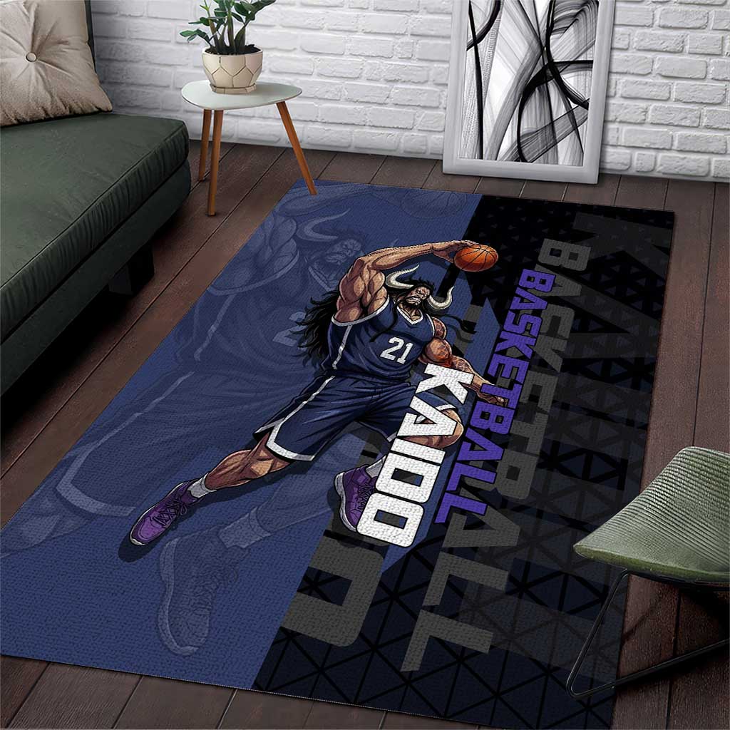 Kaido One Piece Basketball Theme Navy and Black Design Area Rug with Dragon Skull Emblem and Power Dunk Pose - The Mazicc
