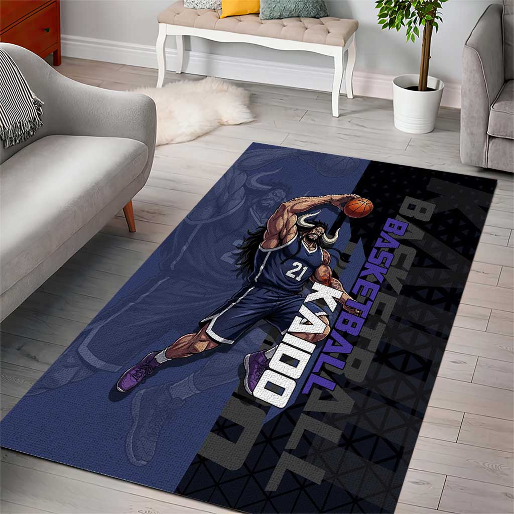 Kaido One Piece Basketball Theme Navy and Black Design Area Rug with Dragon Skull Emblem and Power Dunk Pose - The Mazicc