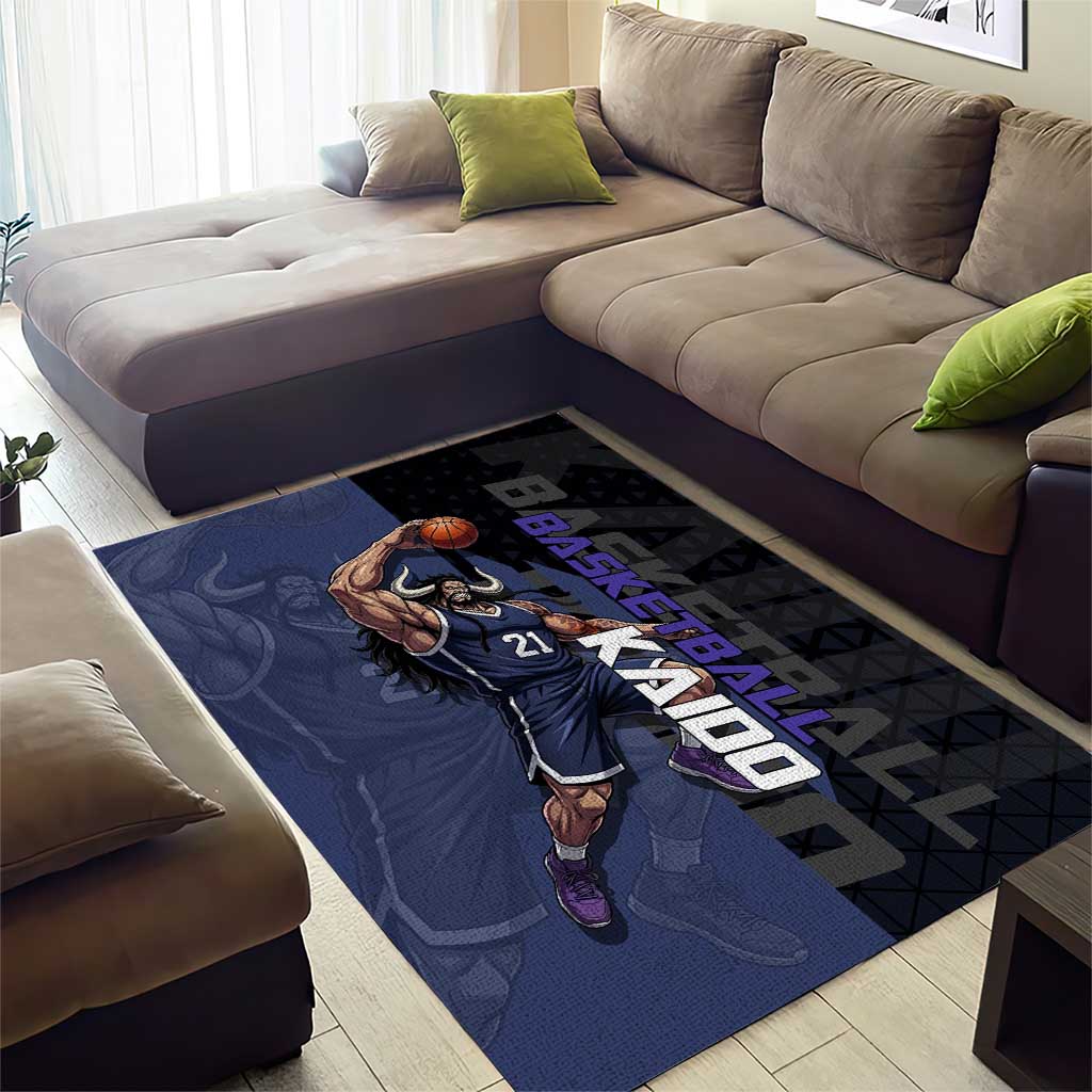 Kaido One Piece Basketball Theme Navy and Black Design Area Rug with Dragon Skull Emblem and Power Dunk Pose - The Mazicc