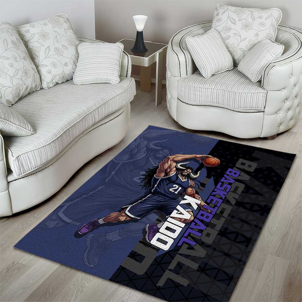 Kaido One Piece Basketball Theme Navy and Black Design Area Rug with Dragon Skull Emblem and Power Dunk Pose - The Mazicc