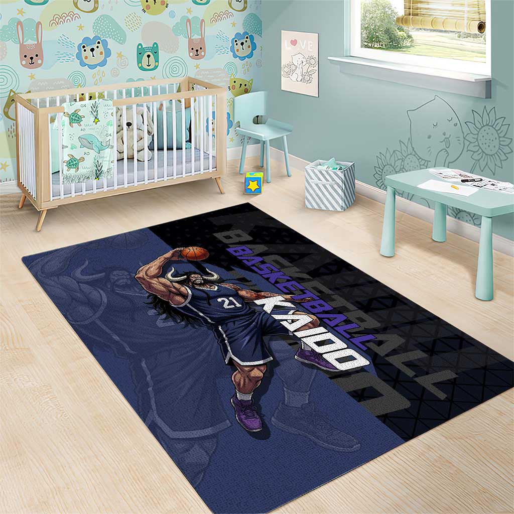 Kaido One Piece Basketball Theme Navy and Black Design Area Rug with Dragon Skull Emblem and Power Dunk Pose - The Mazicc