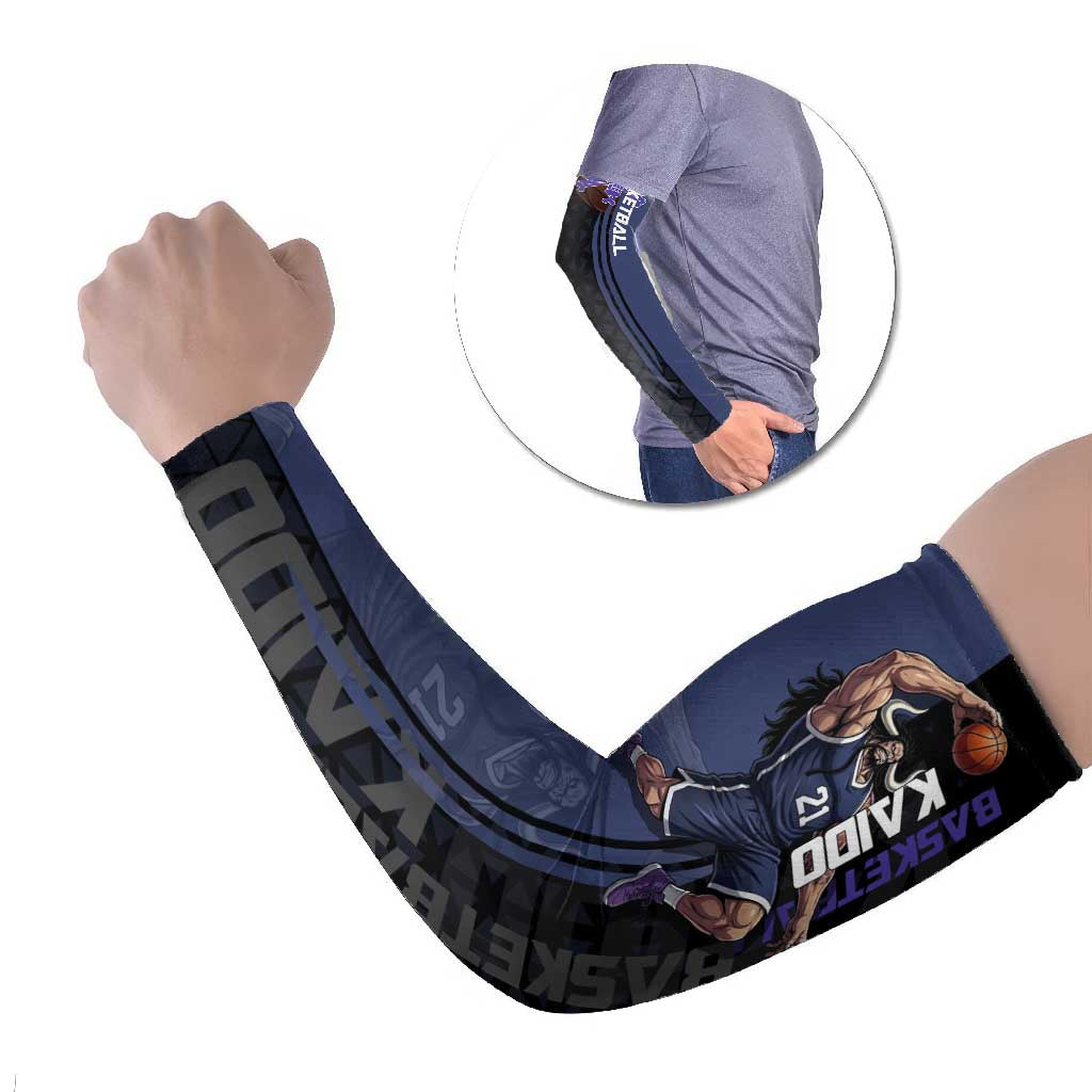 Kaido One Piece Basketball Theme Navy and Black Design Arm Sleeves with Dragon Skull Emblem and Power Dunk Pose - The Mazicc